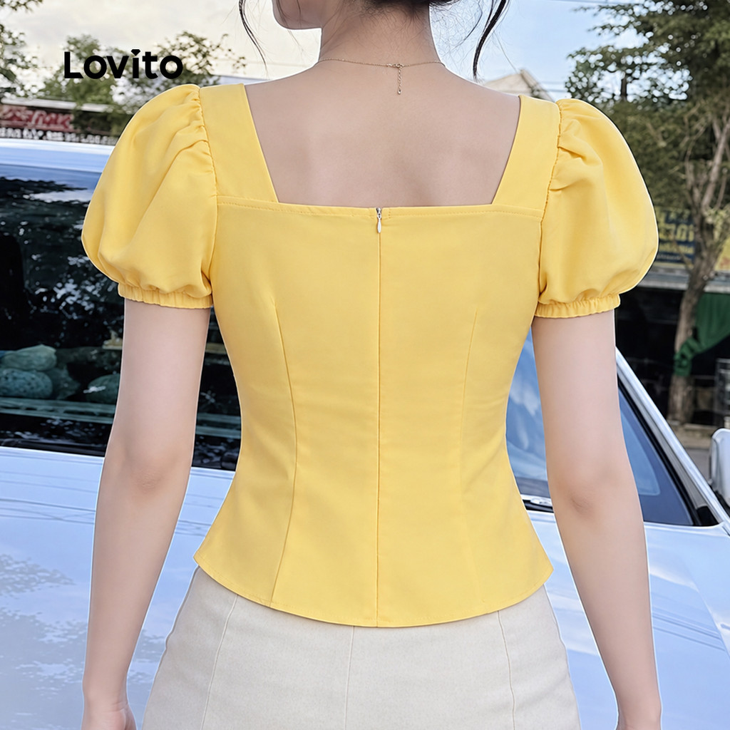 Lovito Casual Blusa Estrutura Linha Amarrar Pregas Primavera/Verão Corset Blusa Amarela Para Mulheres Bordado LK4ED1330 · foto 2