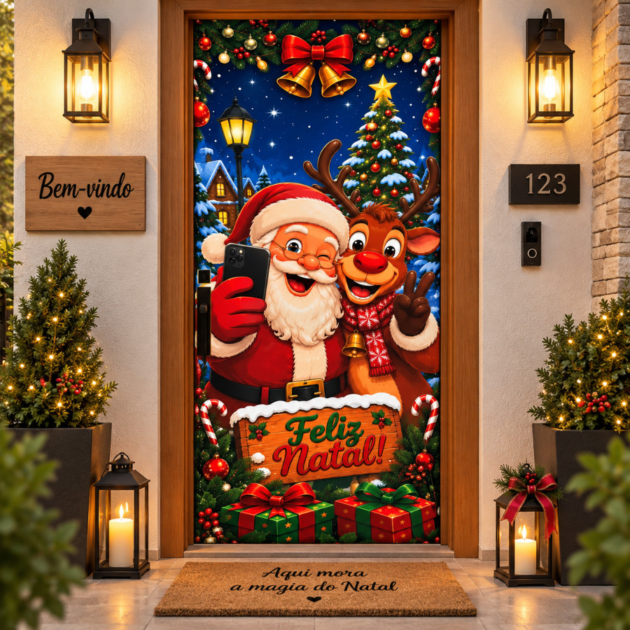 Capa Decorativa Para Porta Sublimado Em Tecido 0,85x2,10m Tema Ano Novo e Natal Varias Estampas Tecido Caminho de Mesa