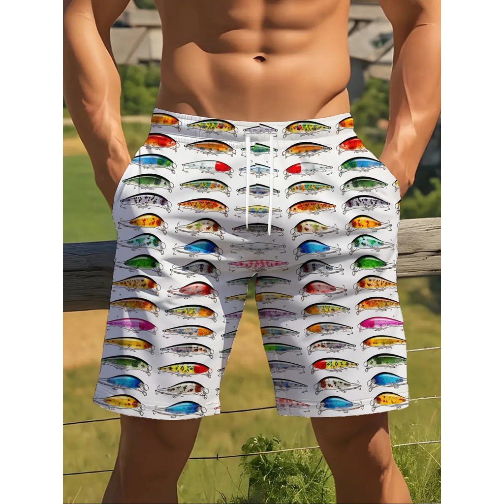 Shorts casuais da moda masculina, padrões geométricos ligeiramente elásticos e confortáveis, adequados para atividades a