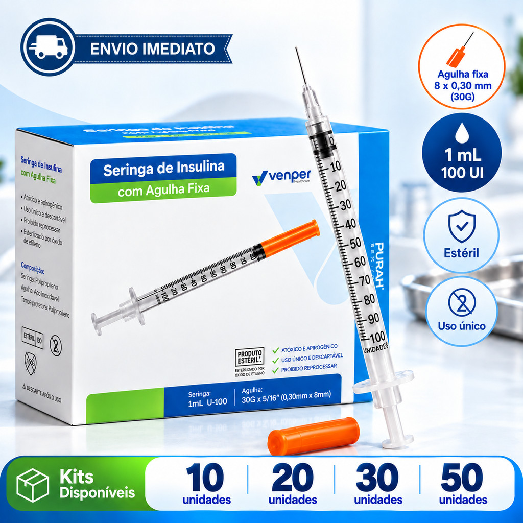 Seringa Insulina 1ml 8x0,30mm Agulha Fixa 30G Ultra Fina Zero Resíduo Venper Kit