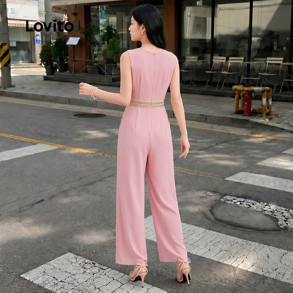 Lovito Casual Macacão com Babado e Decote para Primavera Verão Feminino Preto LK2ED088
