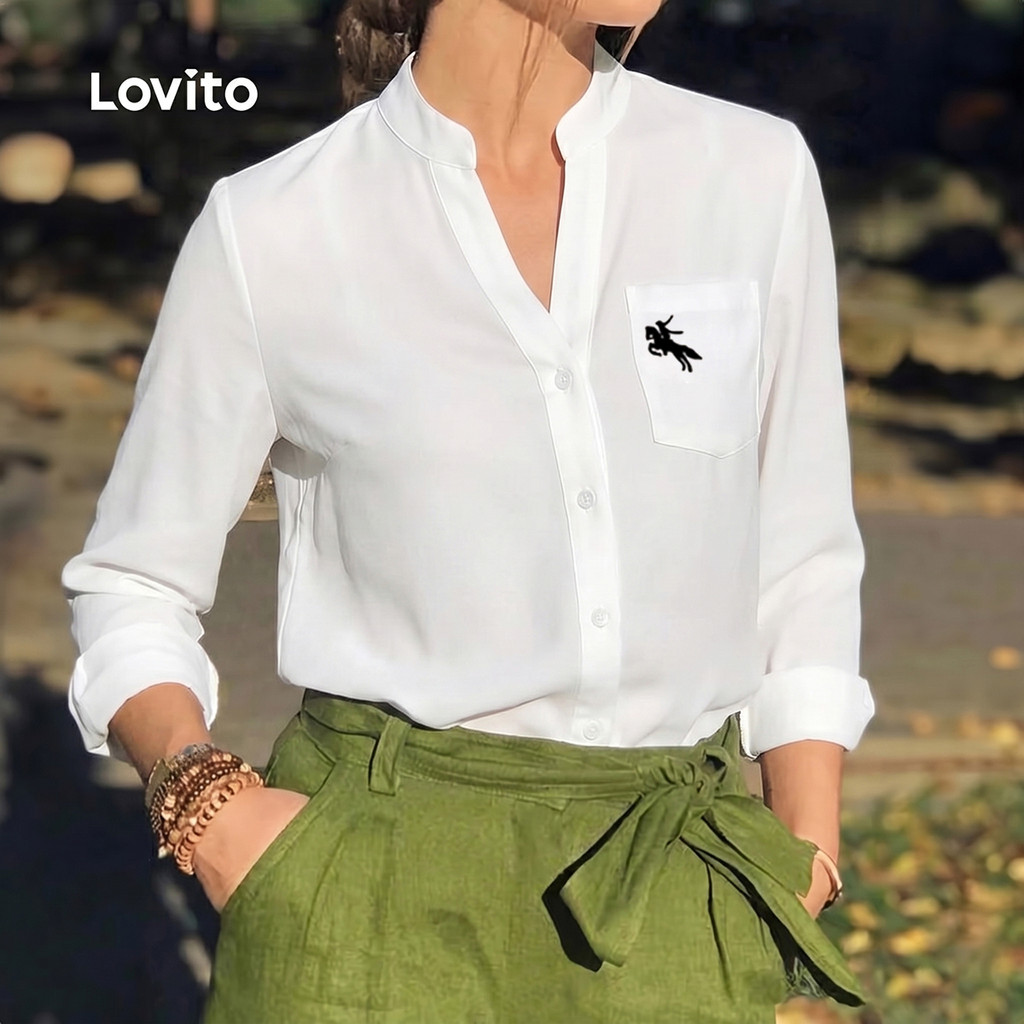 Lovito Padrão de Blusa Casual Feminina Botão Frontal Primavera/Verão Cor Branca LK5LD032