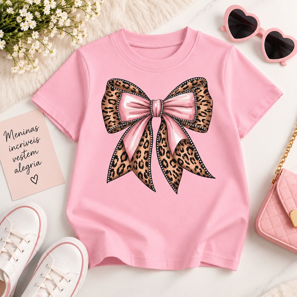 Camiseta Infantil Menina Laço Onça 100% Algodão Estampada Delicada Casual 2 ao 14 Anos
