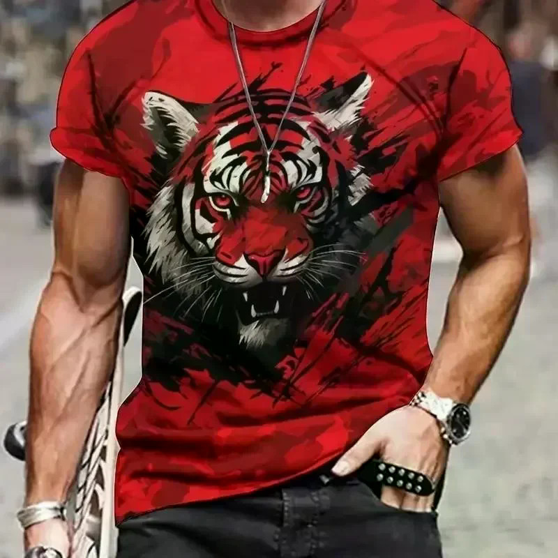 Vintage Tigre T Camisa Masculina 3D Animal Impressão Manga Curta Topo Verão Casual Respirável Oversized Streetwear
