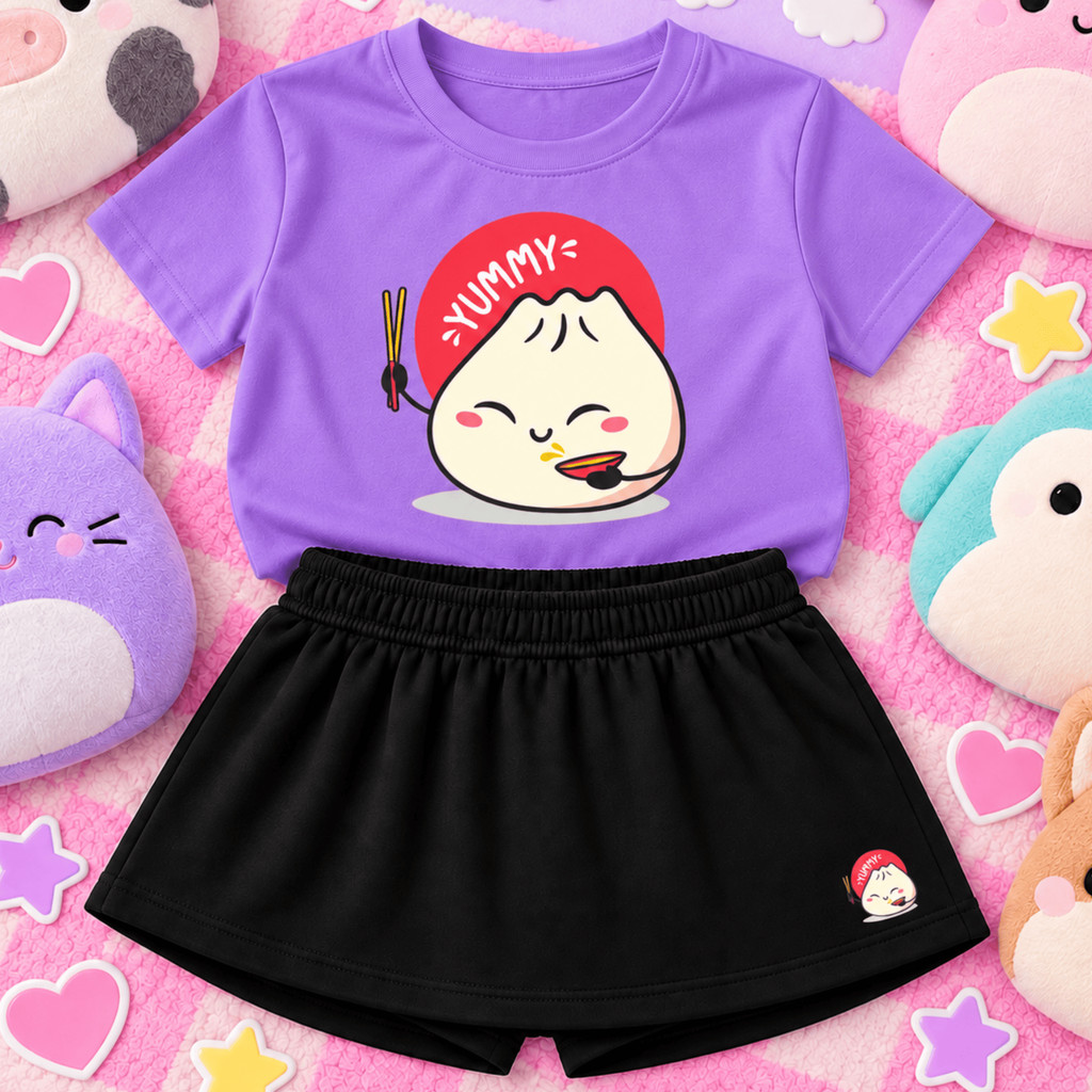 Conjunto Infantil Menina Dumpling Camiseta Estampada com Short Saia Preto Roupa Feminina Confortável