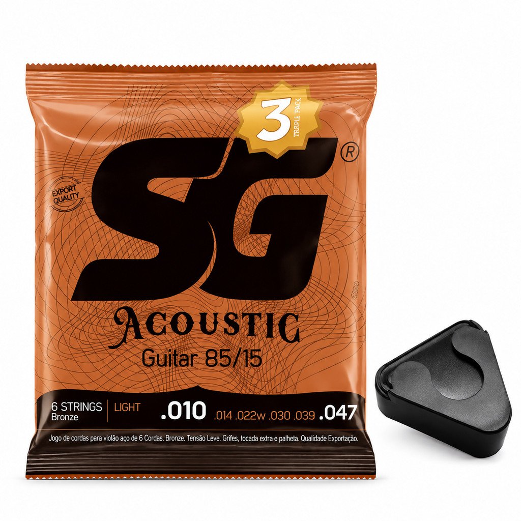 Kit 3 Encordoamento SG Violão Aço 010 Bronze + Palheteiro