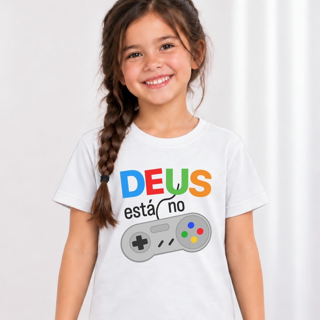 Camiseta Infantil Menina Deus Está Controle Gamer Estampada Crista Evangélica 100% Algodão Igreja Encontro de Jovens