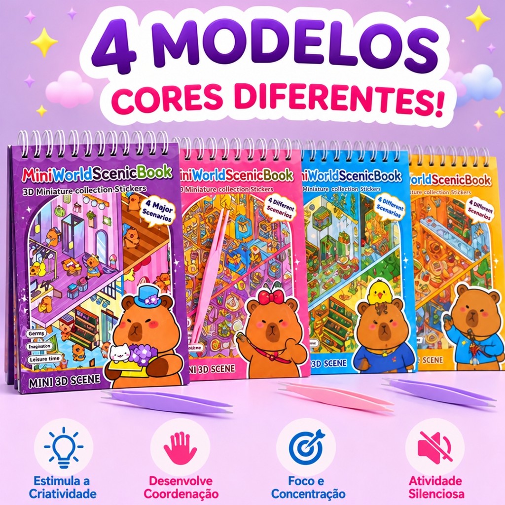 Caderno Adesivo 3d Capivara 8 Cenários Educativo Reutilizável Livro Infantil com Pinça Brinquedo Criativo
