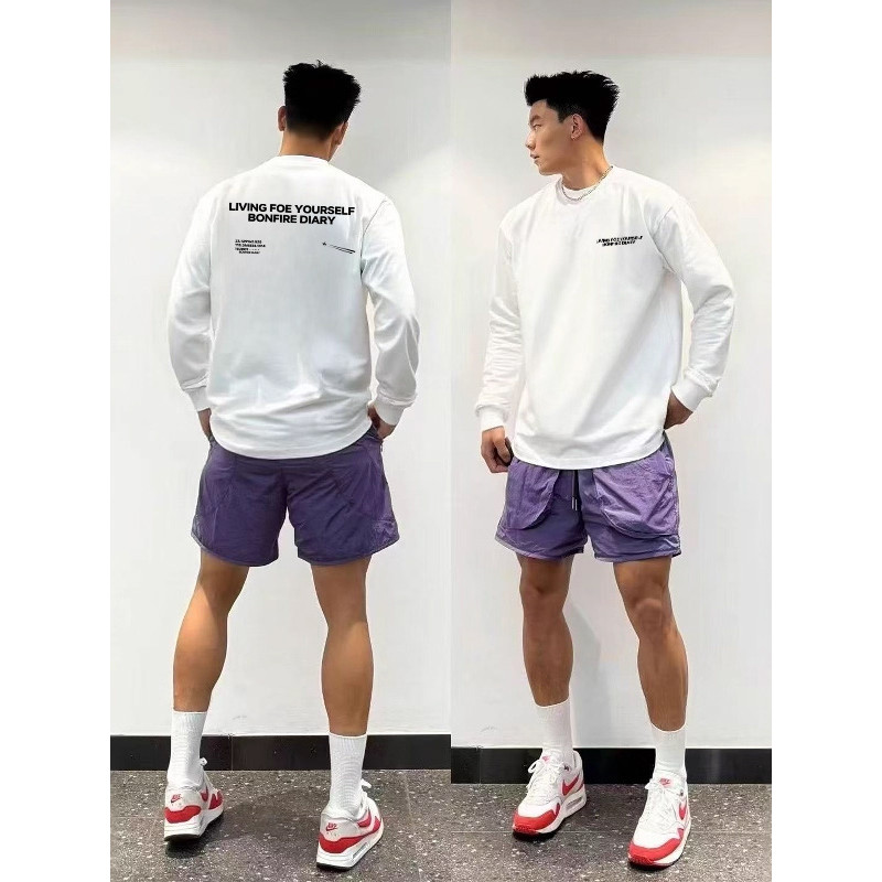 Americano Retro simples carta impressa de manga comprida camiseta masculina 2026 primavera outono Casual puro algodão ru
