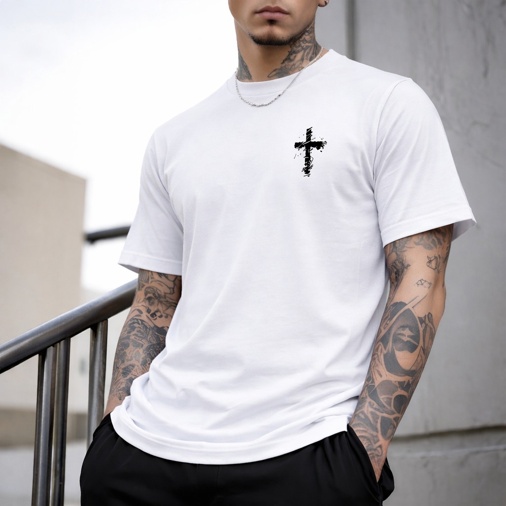 Camiseta T-Shirt 100% Algodão Estampada Cruz Cristã Estampa Texto Religioso Estilo Casual