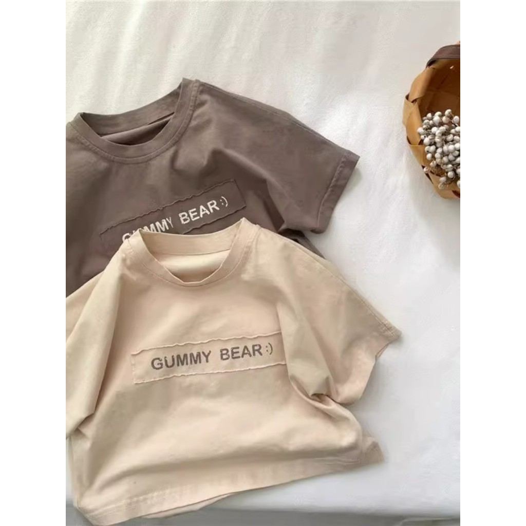 Algodão puro meninos meninas camisetas de manga curta 2024 novo estilo verão crianças estilo coreano carta remendo Casua