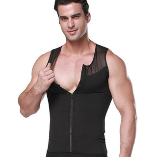 Colete modelador masculino com fecho de correr, em tecido de malha, que oferece efeito de compressão abdominal e modelag