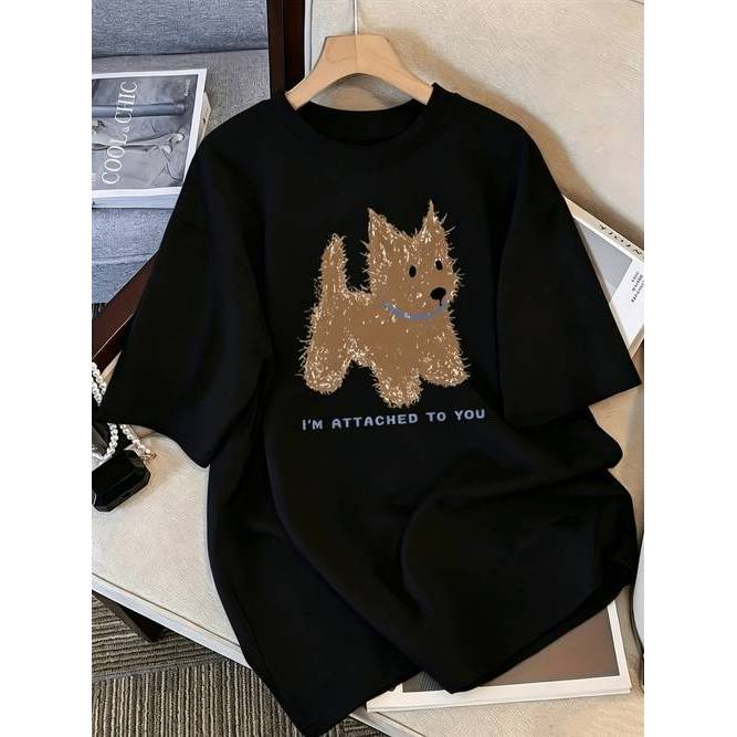 Camiseta Manga Curta Estampa Cachorro Confortável Linda Moderna Estilosa Moda Feminina Casual Tendência Verão Elegante