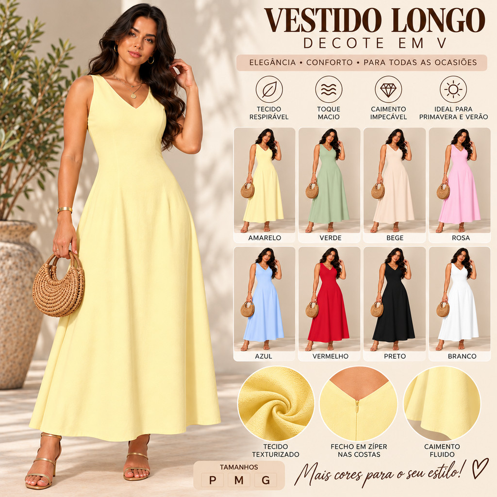Vestido Longo Feminino em Tecido Marrante Decote V Sem Manga Elegante Casual Moda Verão