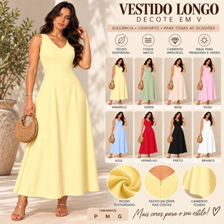 Vestido Longo Feminino em Tecido Marrante Decote V Sem Manga Elegante Casual Moda Verão