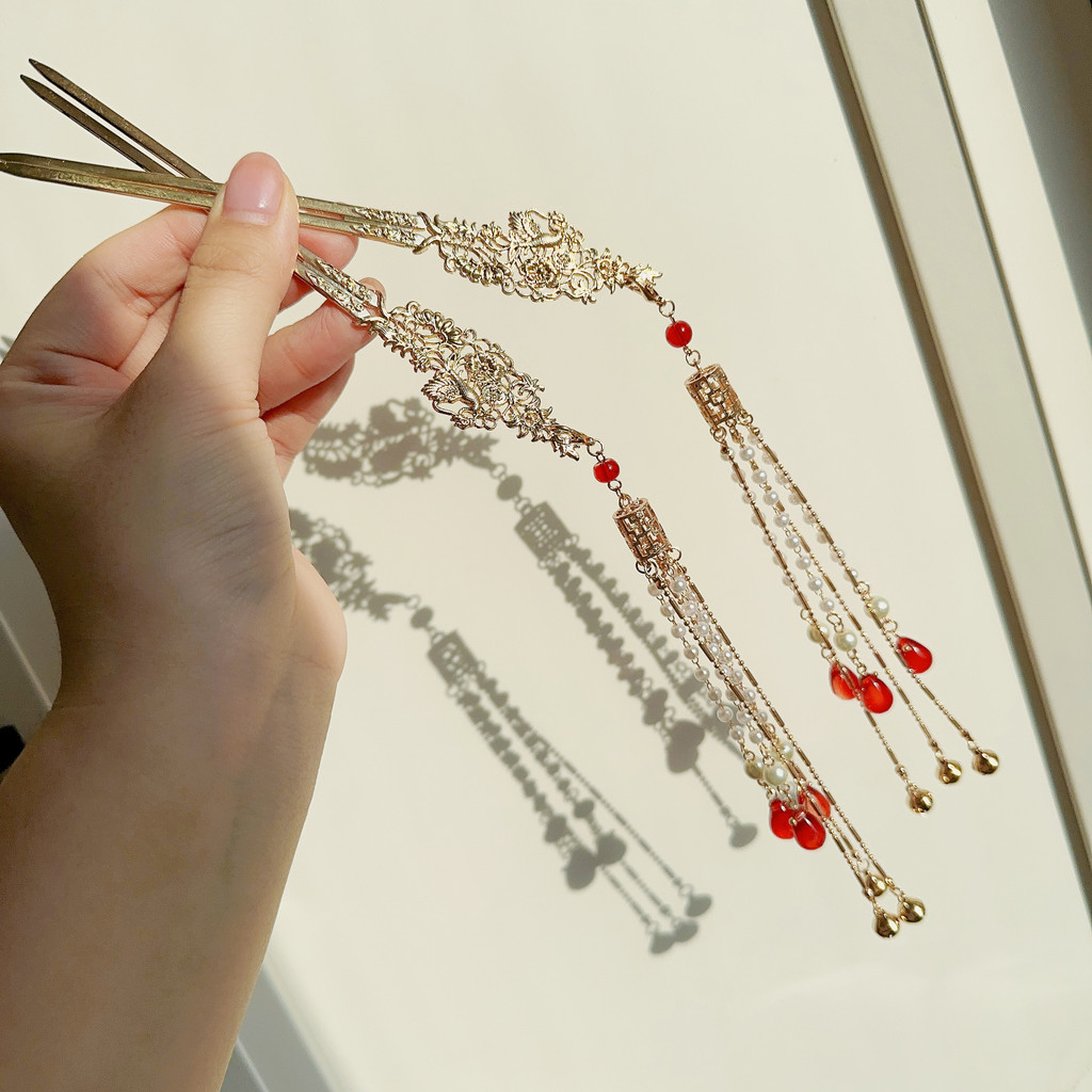 Frete grátis dourado vermelho Phoenix hairpin passo agitando artesanal Hanfu cabeça jóias hairpin antigo foto adereços j