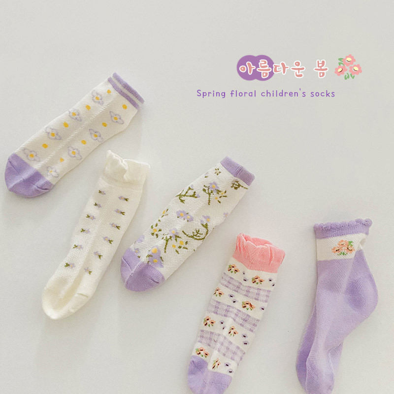 2025 primavera verão novo estilo menina bebê roxo princesa Floral malha respirável algodão meias curtas 1-2-4-8 anos de 