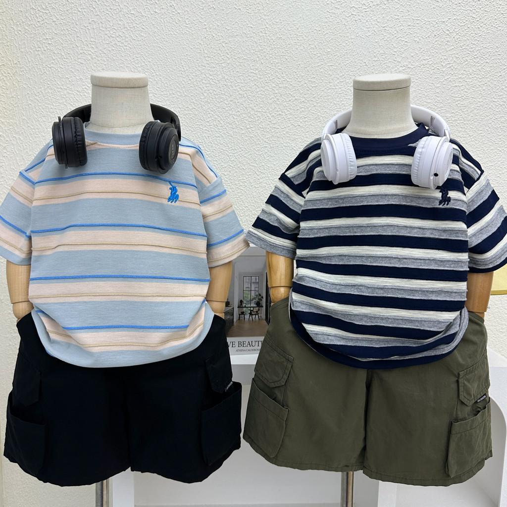 Meninos verão camiseta de manga curta 2025 novo estilo crianças verão fino listrado topo meninos puro algodão em torno d