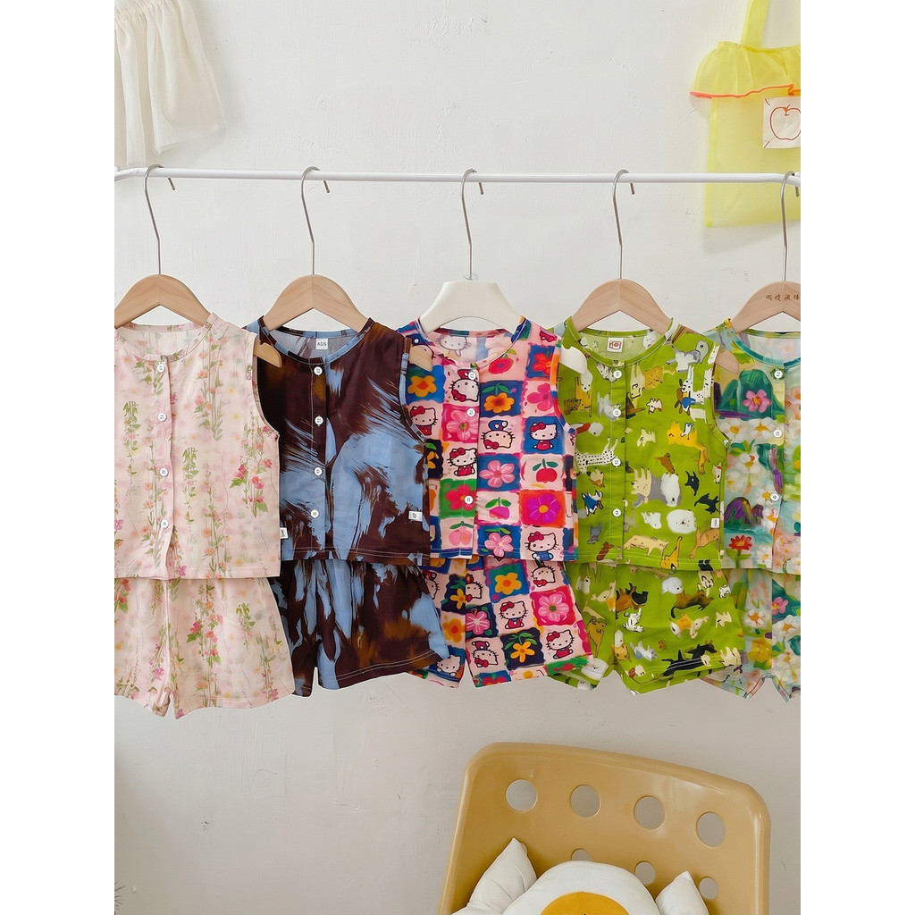Crianças algodão seda colete Shorts pijamas conjunto verão novo estilo meninos meninas respirável Floral sem mangas roup