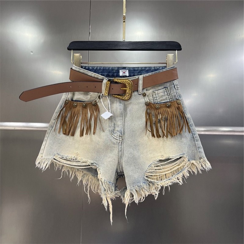 Nicho Design Retro borla desgastado rasgado Denim Shorts feminino verão solto calças de perna larga A linha calças quent