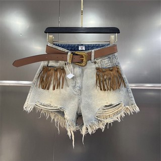 Nicho Design Retro borla desgastado rasgado Denim Shorts feminino verão solto calças de perna larga A linha calças quent