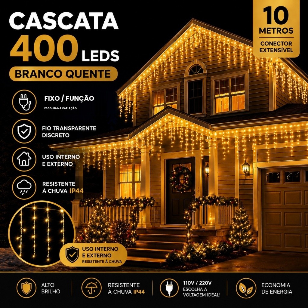 400 Led 10m Externa Blindada Natal 8 Funções de Pisca A Prova D'agua Cor Das Luzes Branco Quente Bivolt 110V~220V