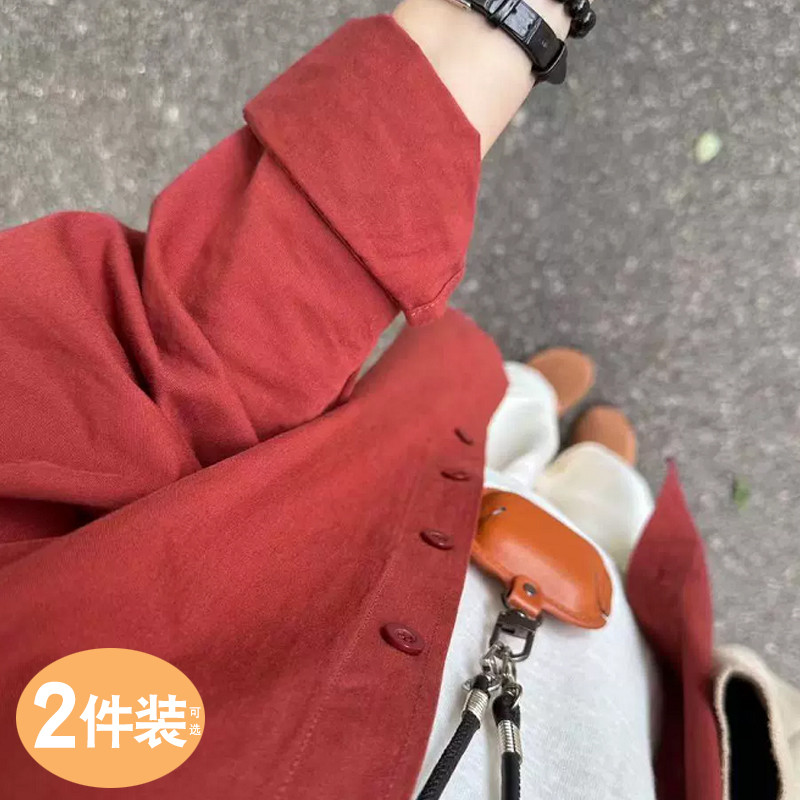 Tamanho grande primavera outono puro algodão de manga comprida camisa vermelha feminina 2026 novo estilo solto interior 