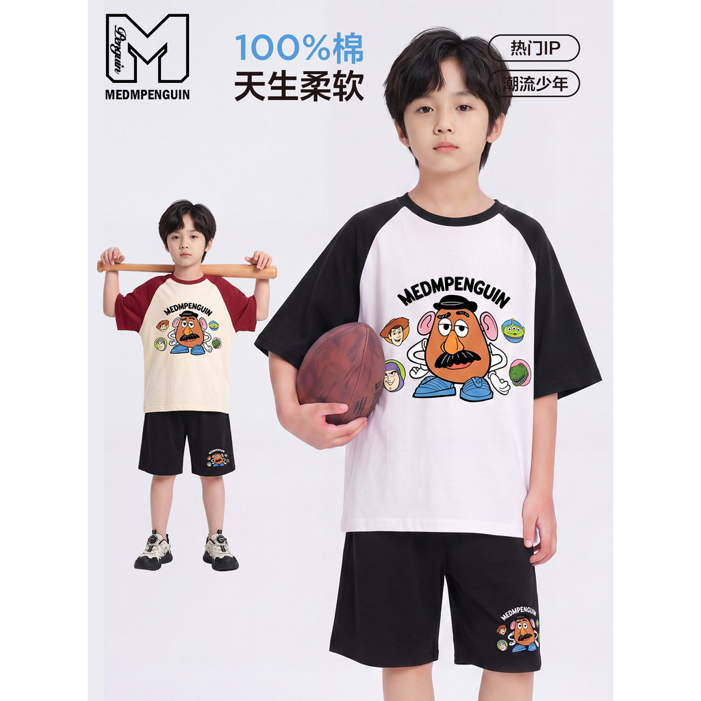 MEDMPENGUIN Raglan ombro menino camiseta verão dos desenhos animados 2026 novo estilo puro algodão crianças manga curta 