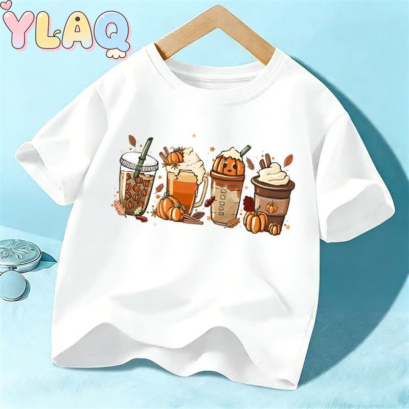 Halloween Abóbora Bebida Impressão Crianças Camiseta Unissex Meninos Meninas Manga Curta Tripulação Pescoço Casual Festa