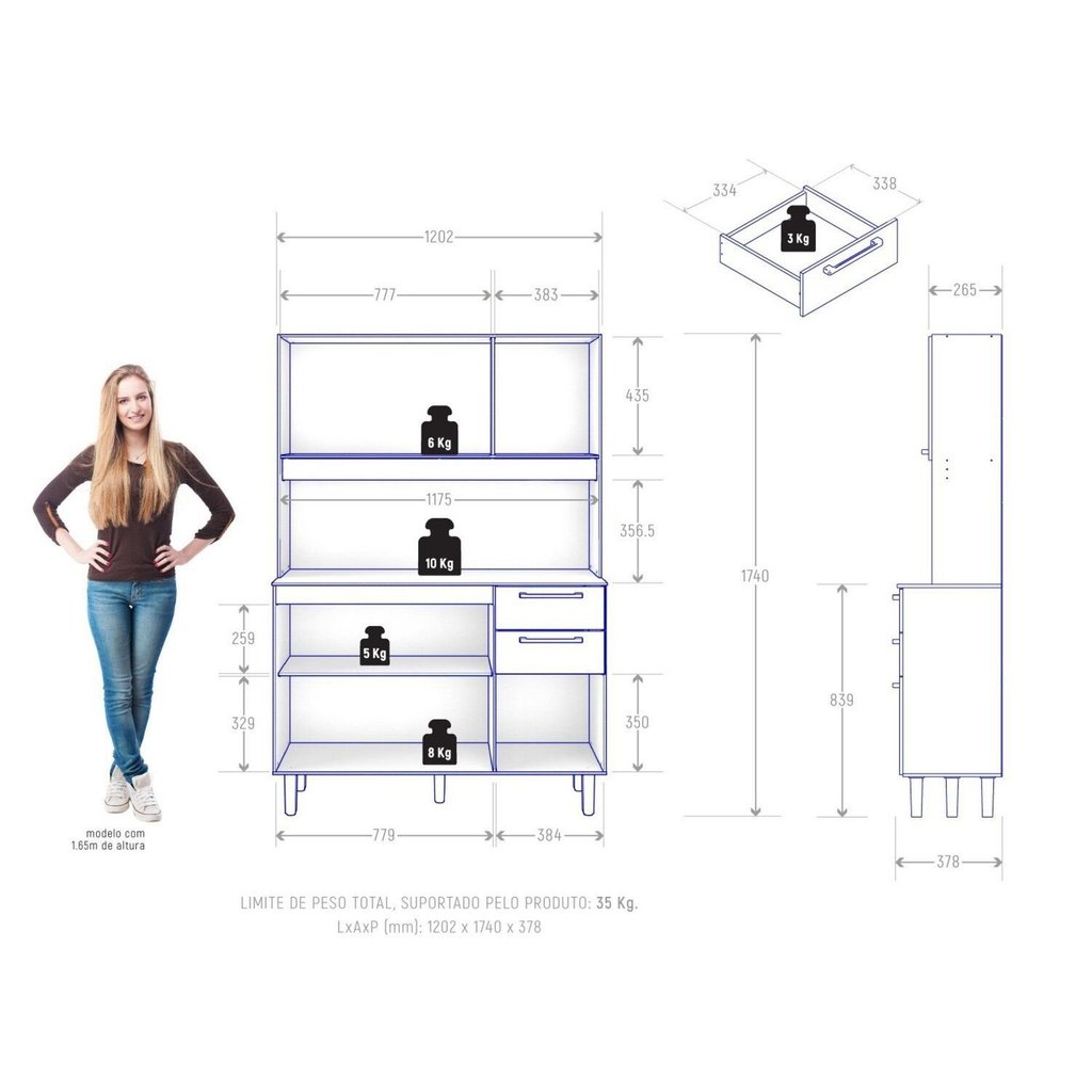 Armário para Cozinha 6 Portas 2 Gavetas 120cm Preto/Cinamomo/Catedral Cinamomo/Preto · foto 2