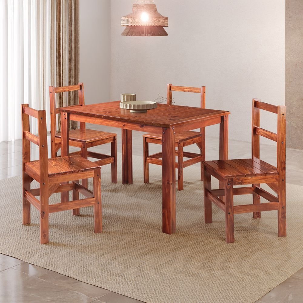 Conjunto Sala de Jantar 1 Mesa Tampo Madeira Maciça Quadrado 4 Cadeiras Marrom/Mogano Mogano