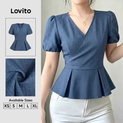 Lovito Elegante Blusa Plissada Primavera/verão Blusa Preta para Mulheres BLB203TD208