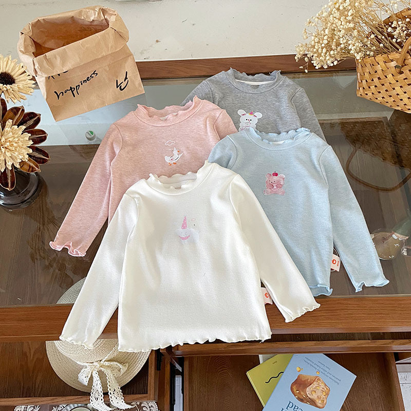 (6m-8 Anos) Crianças Outono Estilo Coreano Manga Longa Camiseta Babado Detalhe Macio Respirável Bonito Meninas Blusa De 