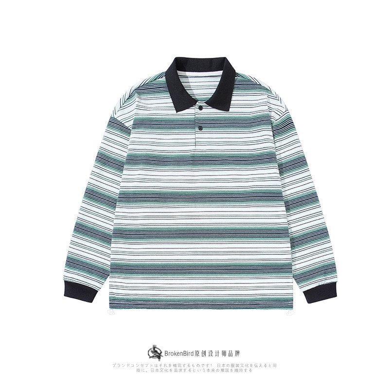 Americano Retro contraste cor listrado bainha cordão de manga comprida camiseta masculina primavera outono novo estilo S