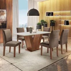 Conjunto Sala de Jantar Mesa Tampo MDF 6 Cadeiras Espanha Yescasa Chocolate/Off White/Animale Marrom