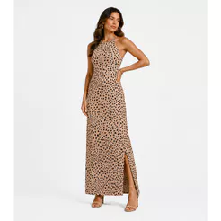 Vestido Longo Estampado Sem Manga Infinita Cor Marrom