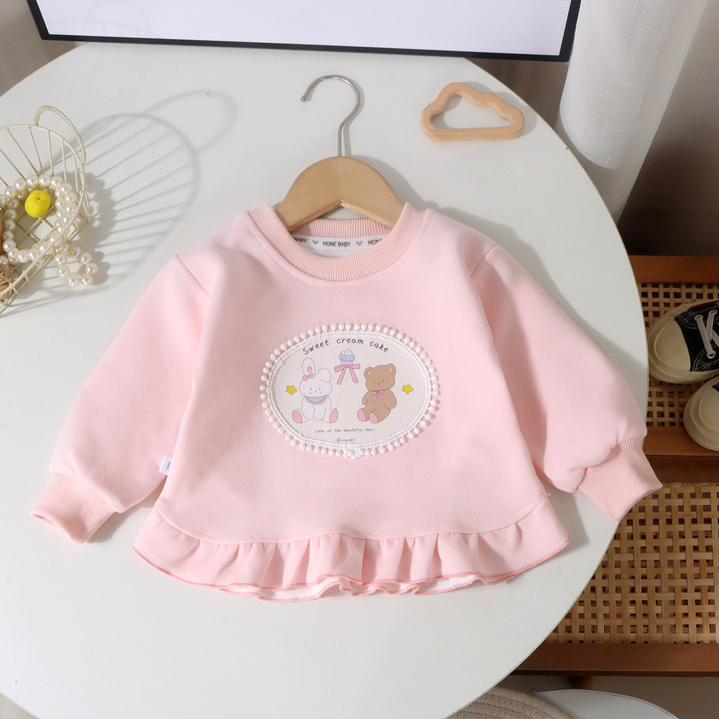 Meninas moletom primavera outono dos desenhos animados impresso em torno do pescoço babados camisa de fundo das crianças