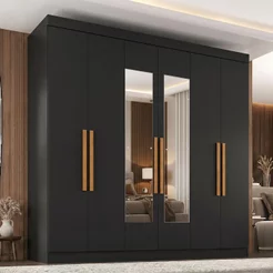 Guarda-Roupa Casal com Espelho 6 Portas 2 Gavetas Paris Preto Preto