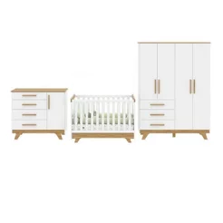 Quarto de Bebê Completo Berço 2 em 1, Cômoda e Guarda Roupa 100% MDF Kakau Yescasa Branco/Amêndoa Branco