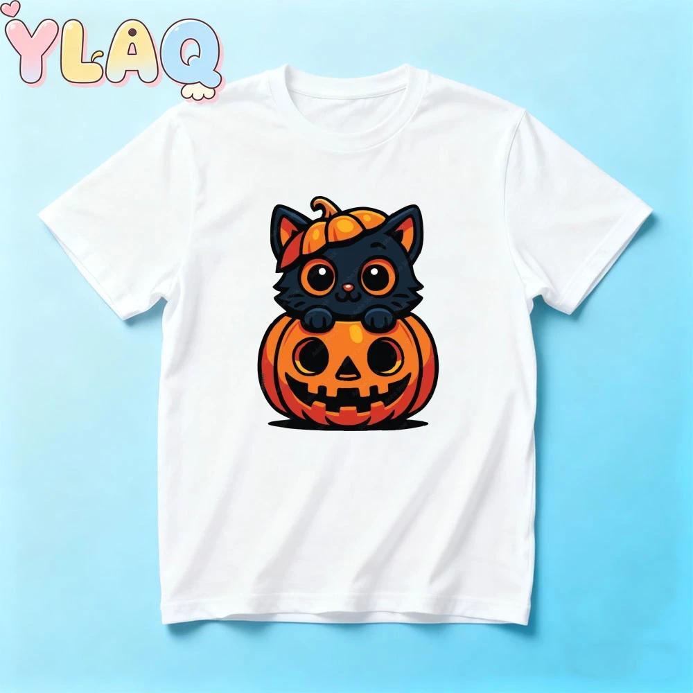 Halloween Bonito Gato Preto Abóbora Impressão Crianças Camiseta Unissex Meninos Meninas Manga Curta Tripulação Pescoço