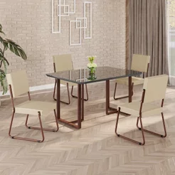 Conjunto Sala de Jantar Mesa 120x90cm Base Lunna Tampo MDF Laca com Vidro Napoli Marrom/Creme Creme/Marrom