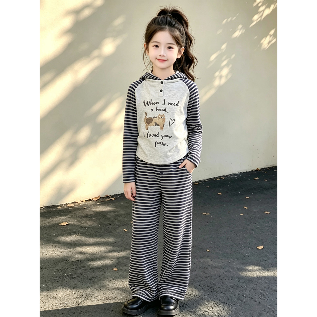 Meninas dos desenhos animados gato carta impressa com capuz fino moletom crianças primavera outono roupas Drape listrado
