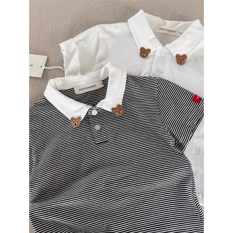Bebê menino verão camisa polo de manga curta na moda urso listrado topo crianças estilo fino meninos meninas camiseta de
