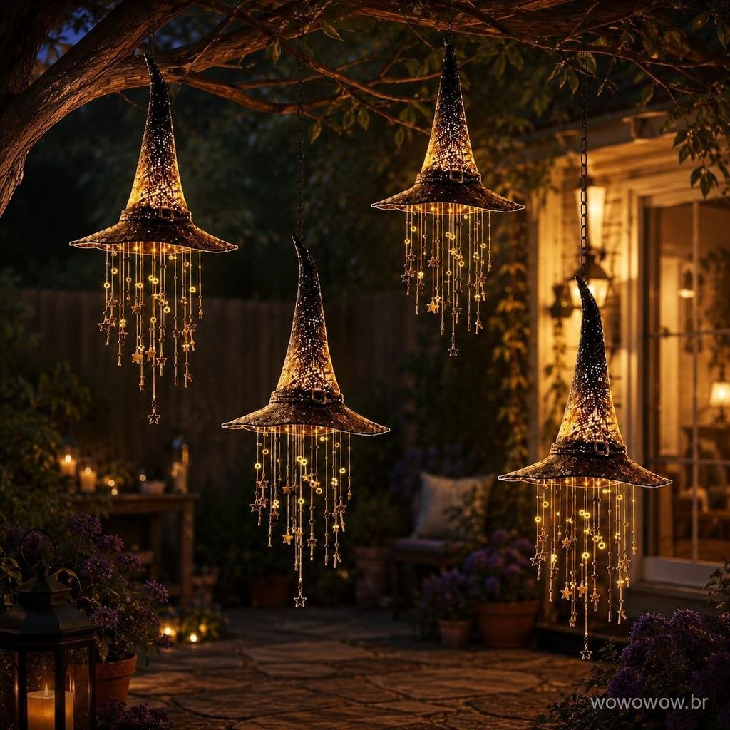 Chime pendente de chapéu de bruxa iluminado, lâmpada de chapéu de bruxa de Halloween, estrelas, chapéu de bruxa iluminad