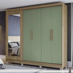 Guarda Roupa com Espelho e Pés 5 Portas 4 Gavetas Marrom/Nogueira/Verde Oliva