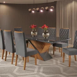 Mesa de Jantar Retangular 200x90 Noble com 8 Cadeiras Iza Cinza/Mel/Grafite Mel/Grafite