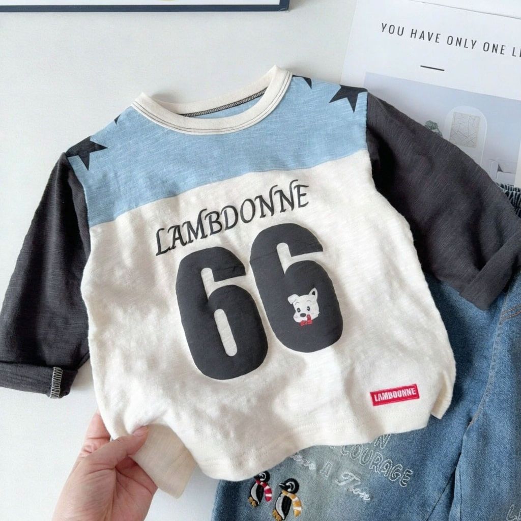 Meninos camiseta de manga comprida primavera outono versão coreana puro algodão simples moda carta impressão costura bon