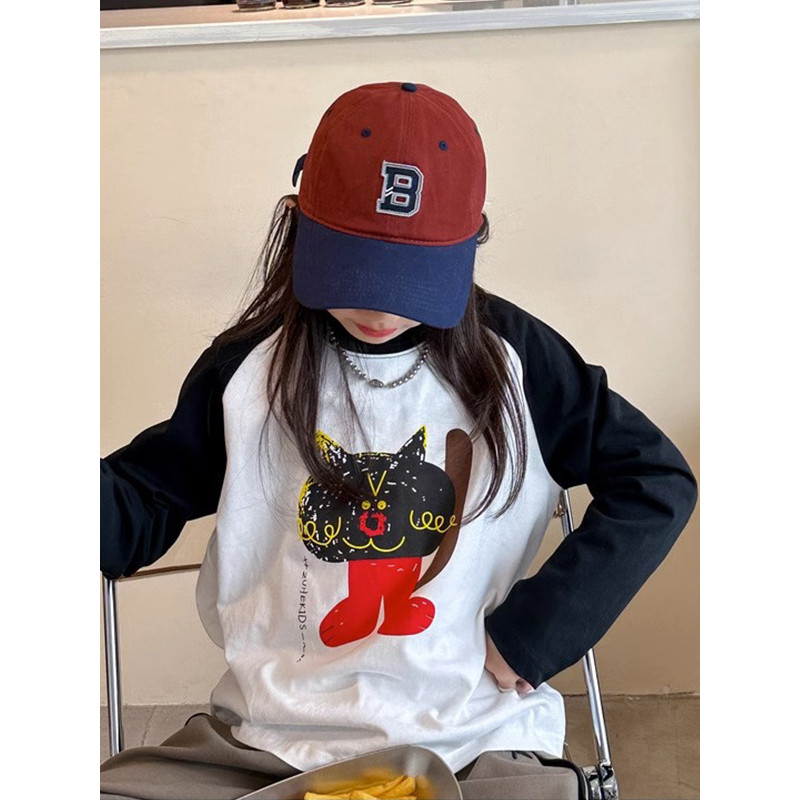 Meninas puro algodão manga comprida camiseta 2023 outono novo estilo médio grande crianças soltas estilo ocidental contr