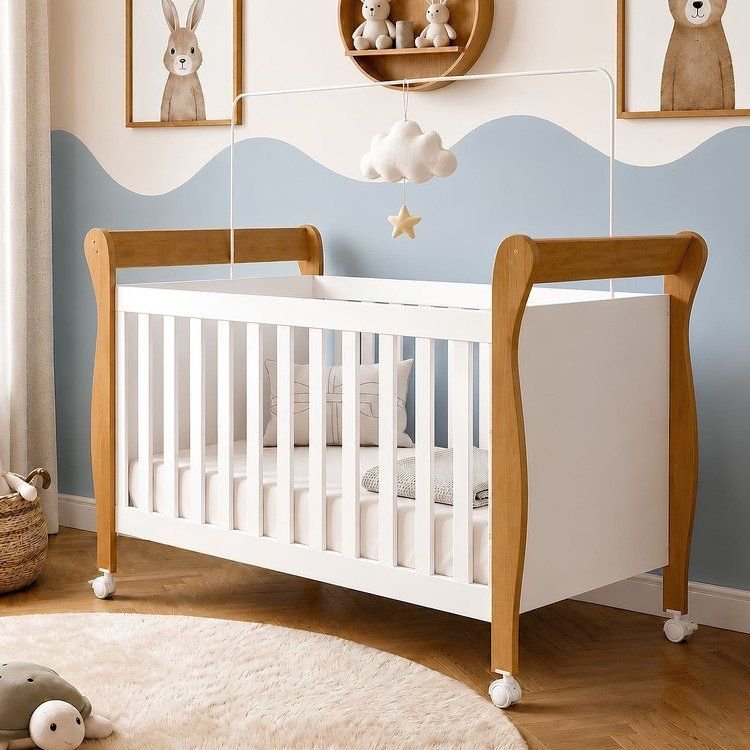 Berço Mini Cama 100% MDF com Colchão Slim Branco/Madeirado Ypê
