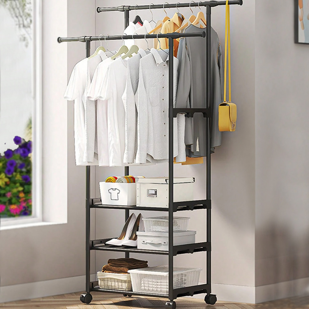 Detalhes do Arara De Roupas 2 Andares 2 Colunas Multiuso Roupa Sapato Preto